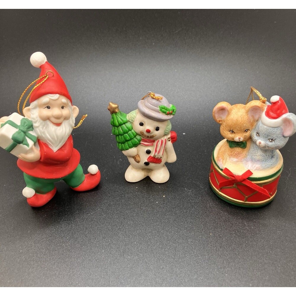 Vintage Ceramic Christmas Tree Ornaments Lot Of 3 Elf Snowman Mice - Picture 1 of 7
